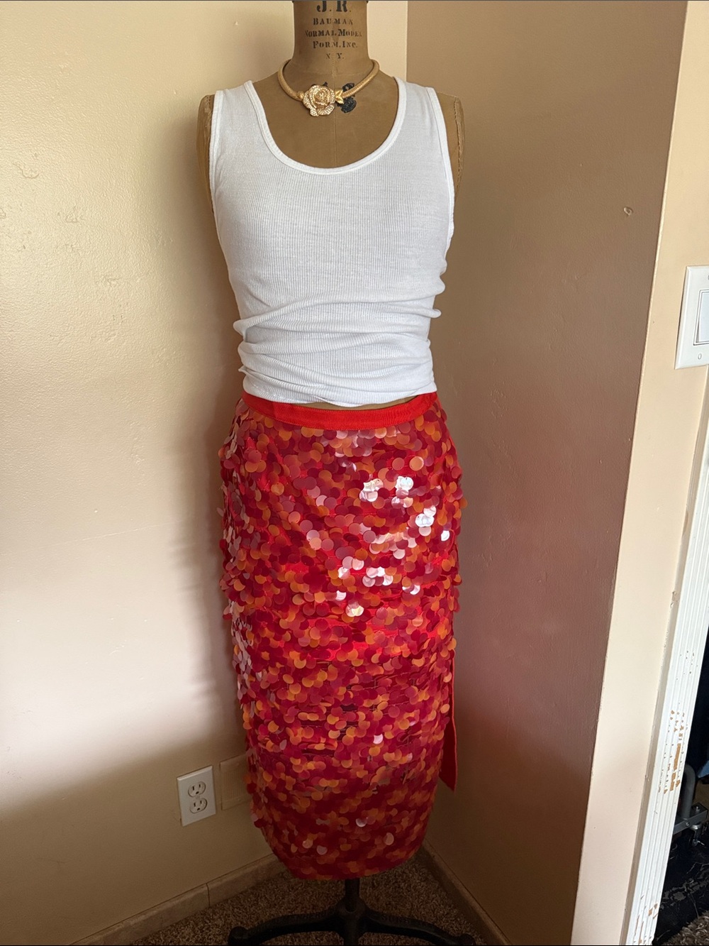 Akris Punto Paillette Sequin Pencil Midi Skirt Orange Pink Size 6